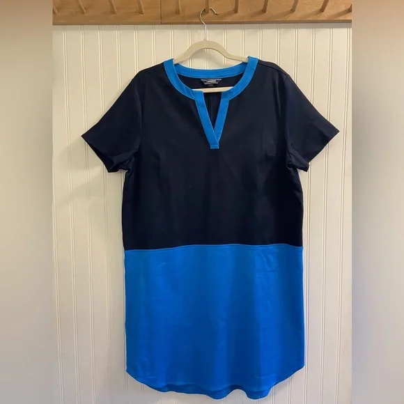 Lands’ End Textured Cotton Spandex Colorblock Short Sleeve V Neck Dress Size 16 - Picture 1 of 9